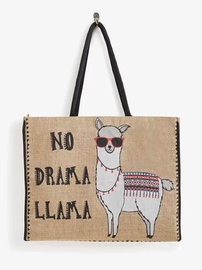 Burlap No Drama Llama Tote Bag - Beige with Black Handles Plastic-Lined